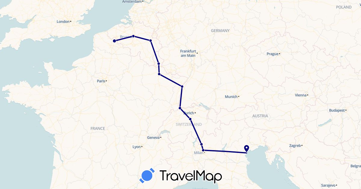 TravelMap itinerary: driving in Belgium, Switzerland, France, Italy, Luxembourg (Europe)